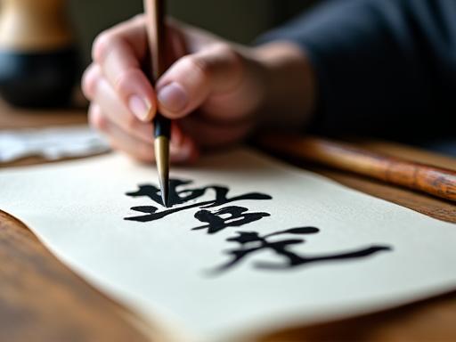 A person practicing Japanese calligraphy with a brush and ink.